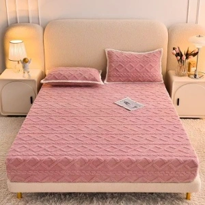 Set Husă de Pat Cocolino cu Elastic, 180x200 cm + 2 Fețe Pernă 50x75 cm, Culoarea Roz, Textură în Relief