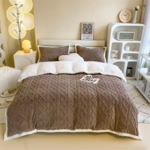 Set Lenjerie de Pat Cocolino Premium, 4 Piese, Model Tricotat, Maro