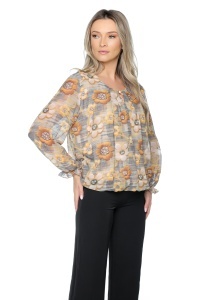 Bluza dama cu imprimeu 924, mâneci lungi vaporoase, Galben-Bej - Img 5