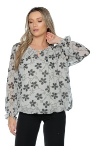 Bluza dama cu imprimeu 924, mâneci lungi vaporoase, Gri-Negru - Img 4