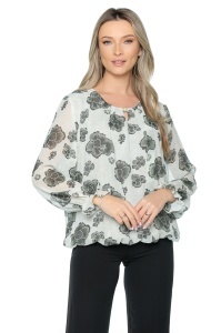 Bluza dama cu imprimeu 924, mâneci lungi vaporoase, Ivoire-Kaki - Img 5