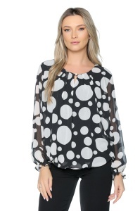 Bluza dama cu imprimeu 924, mâneci lungi vaporoase, Negru-Alb