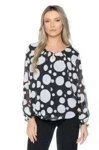Bluza dama cu imprimeu 924, mâneci lungi vaporoase, Negru-Alb