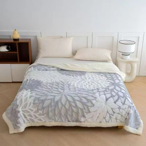 Patura Cocolino Dubla cu Blanita, Model Floral, 200 x230 cm, Gri Deschis