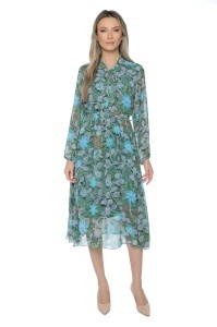 Rochie dama midi 953, vaporoasa, cu imprimeu discret, maneci lungi și cordon în talie, Verde-Albastru