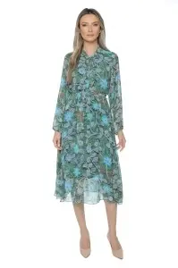 Rochie dama midi 953, vaporoasa, cu imprimeu discret, maneci lungi și cordon în talie, Verde-Albastru