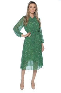 Rochie dama midi 953, vaporoasa, cu imprimeu discret, maneci lungi și cordon în talie, Verde