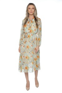 Rochie dama midi 953, vaporoasa, cu imprimeu discret, maneci lungi și cordon în talie, Crem-Portocaliu