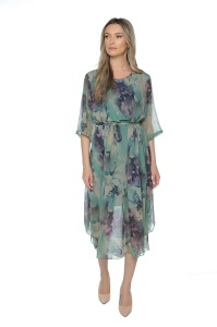 Rochie dama midi 980-B, vaporoasa, cu imprimeu floral, cordon in talie și maneci lejere, Verde-Mov