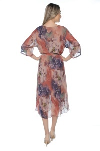 Rochie dama midi 980-B, vaporoasa, cu imprimeu floral, cordon in talie și maneci lejere, Mov-Roz - Img 4