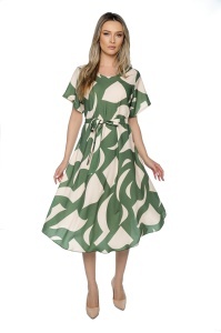 Rochie dama midi 980, imprimeu abstract, maneci scurte, cordon in talie, Kaki-Crem - Img 3