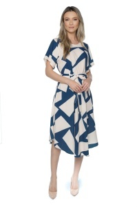 Rochie dama midi 980, imprimeu abstract, maneci scurte, cordon in talie, Albastru-Crem - Img 4