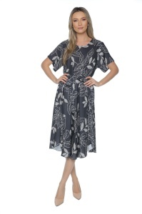 Rochie dama midi 980, imprimeu floral, maneci scurte, cordon in talie, Negru-Ivoire