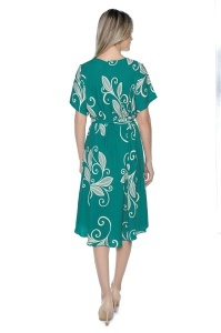 Rochie dama midi 980, imprimeu floral, maneci scurte, cordon in talie, Verde-Crem - Img 6