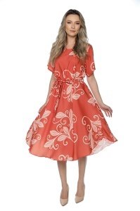 Rochie dama midi 980, imprimeu floral, maneci scurte, cordon in talie, Caramiziu-Crem - Img 4