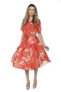 Rochie dama midi 980, imprimeu floral, maneci scurte, cordon in talie, Caramiziu-Crem - Img 4