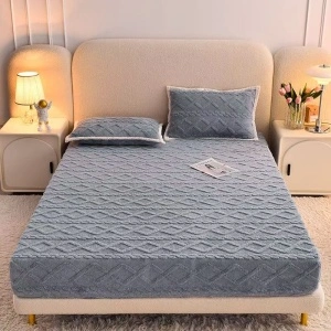 Set Husă de Pat Cocolino cu Elastic, 180x200 cm + 2 Fețe Pernă 50x75 cm, Culoarea Gri, Textură în Relief