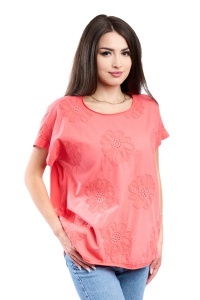Tricou dama cu imprimeu floral 1055, Coral, Marime Universala - Img 2