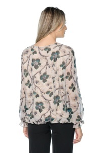 Bluza dama cu imprimeu 924, mâneci lungi vaporoase, Bej-Negru-Verde - Img 6