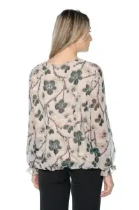 Bluza dama cu imprimeu 924, mâneci lungi vaporoase, Bej-Negru-Verde - Img 6