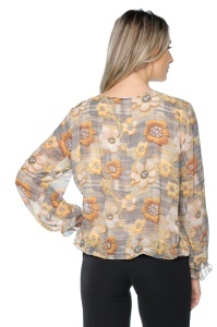 Bluza dama cu imprimeu 924, mâneci lungi vaporoase, Galben-Bej - Img 2