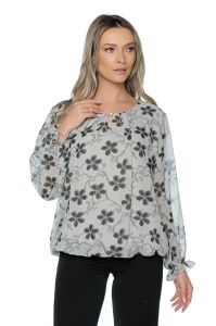 Bluza dama cu imprimeu 924, mâneci lungi vaporoase, Gri-Negru