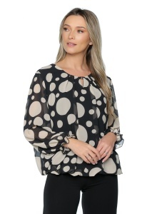 Bluza dama cu imprimeu 924, mâneci lungi vaporoase, Negru-Crem - Img 6