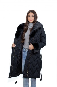 Geacă Damă Matlasată cu Blană Sintetică și Cordon 652 - Negru - Img 4