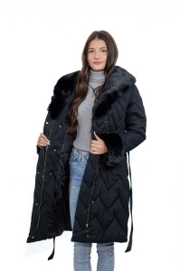 Geacă Damă Matlasată cu Blană Sintetică și Cordon 652 - Negru - Img 4