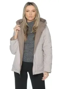 Geaca dama reversibila 2 fete, cu gluga, matlasata 2903, Maro Deschis-Crem - Img 6