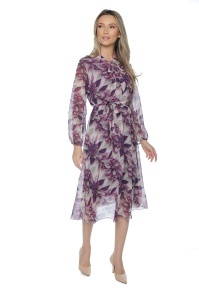 Rochie dama midi 953, vaporoasa, cu imprimeu discret, maneci lungi și cordon în talie, Mov-Gri - Img 3