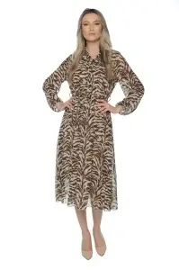 Rochie dama midi 953, vaporoasa, cu imprimeu discret, maneci lungi și cordon în talie, Maro-Negru