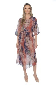 Rochie dama midi 980-B, vaporoasa, cu imprimeu floral, cordon in talie și maneci lejere, Mov-Roz
