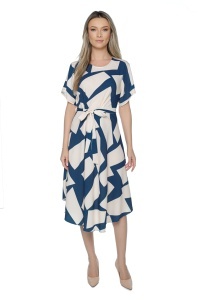 Rochie dama midi 980, imprimeu abstract, maneci scurte, cordon in talie, Albastru-Crem