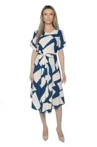 Rochie dama midi 980, imprimeu abstract, maneci scurte, cordon in talie, Albastru-Crem