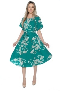 Rochie dama midi 980, imprimeu floral, maneci scurte, cordon in talie, Verde-Crem - Img 3