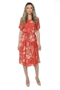 Rochie dama midi 980, imprimeu floral, maneci scurte, cordon in talie, Caramiziu-Crem
