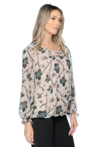 Bluza dama cu imprimeu 924, mâneci lungi vaporoase, Bej-Negru-Verde - Img 3