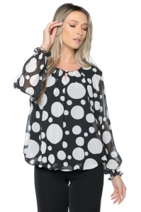Bluza dama cu imprimeu 924, mâneci lungi vaporoase, Negru-Alb - Img 5