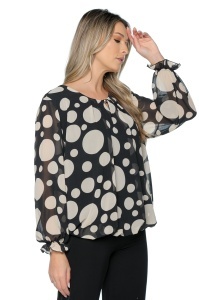 Bluza dama cu imprimeu 924, mâneci lungi vaporoase, Negru-Crem - Img 3