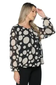 Bluza dama cu imprimeu 924, mâneci lungi vaporoase, Negru-Crem - Img 3