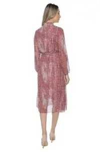 Rochie dama midi 953, vaporoasa, cu imprimeu discret, maneci lungi și cordon în talie, Rosu-Roz - Img 5