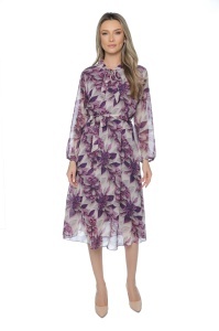 Rochie dama midi 953, vaporoasa, cu imprimeu discret, maneci lungi și cordon în talie, Mov-Gri