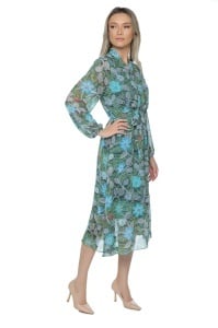 Rochie dama midi 953, vaporoasa, cu imprimeu discret, maneci lungi și cordon în talie, Verde-Albastru - Img 5