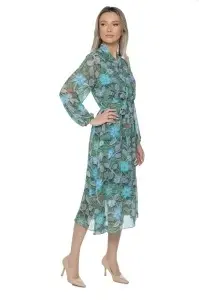 Rochie dama midi 953, vaporoasa, cu imprimeu discret, maneci lungi și cordon în talie, Verde-Albastru - Img 5