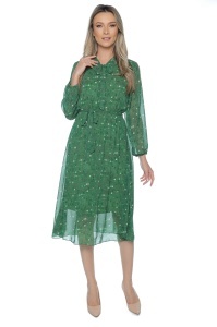 Rochie dama midi 953, vaporoasa, cu imprimeu discret, maneci lungi și cordon în talie, Verde - Img 4