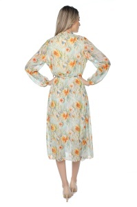 Rochie dama midi 953, vaporoasa, cu imprimeu discret, maneci lungi și cordon în talie, Crem-Portocaliu - Img 5