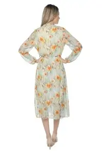 Rochie dama midi 953, vaporoasa, cu imprimeu discret, maneci lungi și cordon în talie, Crem-Portocaliu - Img 5