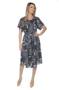 Rochie dama midi 980, imprimeu floral, maneci scurte, cordon in talie, Negru-Ivoire - Img 5