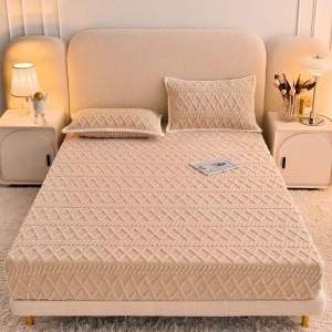 Set Husă de Pat Cocolino cu Elastic, 180x200 cm + 2 Fețe Pernă 50x75 cm, Culoarea Bej, Textură în Relief